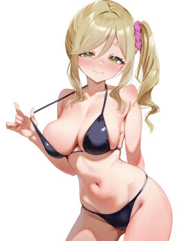 1girl absurdres armpits bikini bikini_pull black_bikini blonde_hair blush breasts cameltoe cleavage closed_mouth clothes_pull eyebrows_hidden_by_hair gluteal_fold green_eyes hair_between_eyes hair_ornament hair_scrunchie heart heart_in_eye highres inuyama_aoi kafun_nuigurumi large_breasts lips looking_at_viewer medium_hair navel pulling_own_clothes scrunchie shadow side_ponytail simple_background skindentation smile solo stomach swimsuit symbol_in_eye thick_eyebrows white_background yurucamp