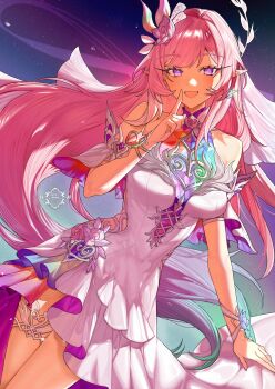 1girl blush breasts commentary_request cyrene_(honkai:_star_rail) cyrene_(ripples_of_past_reverie)_(honkai:_star_rail) diamond-shaped_pupils diamond_(shape) dress duplicate flower highres honkai:_star_rail honkai_(series) index_finger_raised long_hair looking_at_viewer medium_breasts open_mouth pink_hair pointy_ears purple_eyes smile solo symbol-shaped_pupils very_long_hair white_dress yun-yang