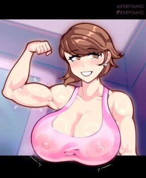 1girl arm_up blush breasts cleavage covered_erect_nipples earrings female_focus flexing highres jewelry karfound muscular muscular_arms muscular_female persona persona_3 short_hair solo sweat takeba_yukari upper_body