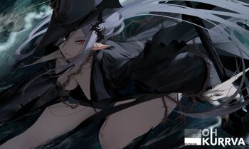 1girl arknights artist_name black_dress black_hat breasts closed_mouth collarbone commentary commentary_request dress english_commentary gladiia_(arknights) gladiia_(i_am_the_tides)_(arknights) grey_hair hat highres holding holding_sword holding_weapon large_breasts legs long_hair looking_at_viewer mixed-language_commentary official_alternate_costume ohkurrva pointy_ears red_eyes sidelocks solo sword water weapon