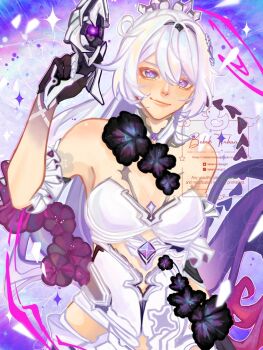 1girl ahoge bebekterbang12 black_hands breasts colored_extremities commentary diamond-shaped_pupils diamond_(shape) dress flower_ornament gradient_hair gun high_ponytail holding holding_gun holding_weapon honkai_(series) honkai_impact_3rd kiana_kaslana kiana_kaslana_(herrscher_of_finality) large_breasts long_hair looking_at_viewer multicolored_hair ponytail purple_hair smile solo symbol-shaped_pupils two-tone_hair untranslatable_commentary very_long_hair weapon white_dress