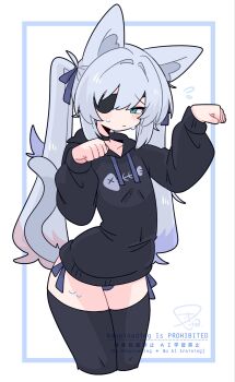1boy :/ animal_ear_fluff animal_ears arched_back black_choker black_hoodie black_thighhighs blue_bow blue_eyes blue_hair blue_panties bow bulge cat_boy cat_ears cat_tail choker collarbone colored_tips commentary cowboy_shot crossdressing crossdressing_(mtf) drawstring eyepatch fish_skeleton fish_skeleton_print flipped_hair flying_sweatdrops hair_between_eyes hair_bow hair_intakes hands_up highres hood hoodie light_blush long_hair long_sleeves looking_at_viewer male_focus multicolored_hair narrowed_eyes no_nose one_eye_covered op_na_yarou original panties panty_peek paw_pose print_hoodie quad_tails raised_inner_eyebrows red_hair rigel_(op_na_yarou) side-tie_panties sidelocks simple_background solo standing straight_hair sweatdrop tail thighhighs thighs trap underwear very_long_hair watermark white_background white_hair