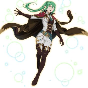 1girl artist_request boots breasts dungeon_ni_deai_wo_motomeru_no_wa_machigatteiru_darou_ka elbow_gloves elf full_body gloves green_eyes green_hair kimoto_shigeki long_hair medium_breasts official_art open_mouth pointy_ears ponytail riveria_ljos_alf simple_background solo sword_oratoria thigh_boots tie