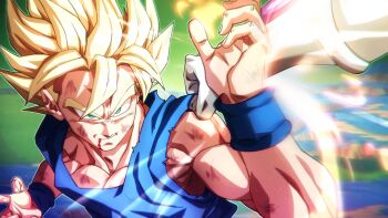 1boy absurdres battle battle_damage blonde_hair blue_shirt dragon_ball dragonball_z green_eyes highres medium_hair muscular muscular_male namek reksarts shirt solo_focus son_goku spiked_hair upper_body