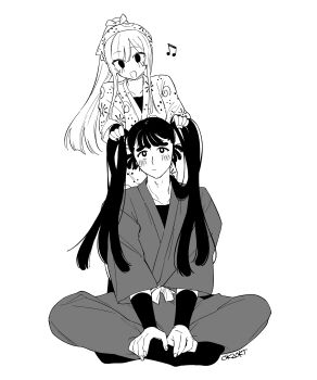 1boy 1girl absurdres bandana blush commentary_request greyscale hands_in_another&#039;s_hair highres indian_style monochrome musical_note oc_x_canon ohama_kan&#039;emon ok2okt open_mouth original ponytail rakudai_ninja_rantarou simple_background sitting smile twintails