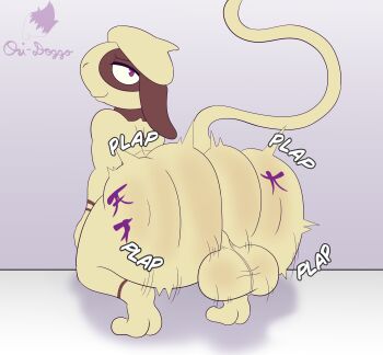 1boy absurdres ass ass_clapping ass_shake bouncing_testicles creatures_(company) furry game_freak gen_2_pokemon highres huge_ass japanese_text large_testicles looking_at_viewer nintendo ori-doggo pokemon pokemon_(creature) smeargle smile smug solo sound_effects tattoo testicles thick_thighs thighs twerking