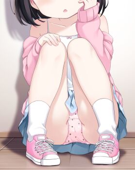 1girl black_hair blue_skirt blush camisole cardigan head_out_of_frame highres loli looking_at_viewer off_shoulder open_mouth original panties pantyshot pink_cardigan pink_panties pink_shoes pleated_skirt polka_dot polka_dot_panties shoes short_hair sitting skirt socks solo thighs tile_floor tiles underwear upskirt watapan_club white_camisole white_socks