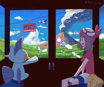 1boy 1girl bandana beanie bike_shorts bike_shorts_under_shorts black_hair blue_eyes breasts brendan_(pokemon) brown_hair cable_car fanny_pack gen_2_pokemon gen_3_pokemon gloves grovyle hat highres long_hair marshtomp may_(pokemon) nintendo open_mouth pokemon pokemon_(creature) pokemon_rse red_bandana red_shirt rowdon shirt short_hair shorts shorts_under_shorts sitting skarmory smile swablu volcano white_hat
