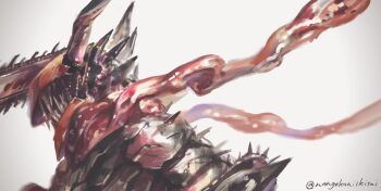 1boy artist_name blood bloody_weapon chainsaw chainsaw_devil chainsaw_man facing_to_the_side highres horns hybrid nangokuniikitai no_eyes organs scarf sharp_teeth simple_background solo spikes teeth twitter_username weapon white_background