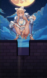 1girl absurdres anus arm_guards armor bikini_armor blonde_hair bow breasts charlotte_(fire_emblem) cleavage female_pubic_hair fire_emblem fire_emblem_fates full_moon hair_bow high_heels highres large_breasts moon night nintendo peeing pubic_hair public_indecency pussy saikunartworks sandals shin_guards sky solo squatting star_(sky) starry_sky tongue tongue_out wavy_hair white_bow