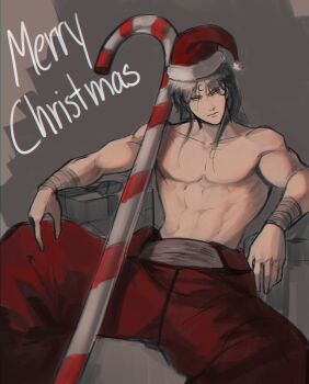 Rule 34 | 1boy, abs, absurdres, bandaged wrist, bandages, black hair, box, candy, candy cane, commentary, crescent, elbow rest, english commentary, facial mark, food, forehead mark, gift, gift box, hair over shoulder, hat, head tilt, highres, logicsterrr, male focus, merry christmas, muscular, muscular male, noctis (shadow slave), oversized object, pectorals, santa hat, shadow slave, solo, spread legs, topless male