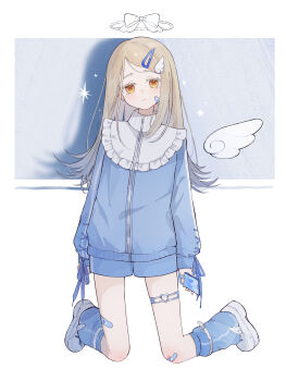 1girl absurdres bandaid bandaid_on_cheek bandaid_on_face bandaid_on_finger bandaid_on_hand bandaid_on_knee bandaid_on_leg blonde_hair blue_hair blue_jacket blue_leg_warmers blue_ribbon blue_shorts blue_socks blue_track_suit blush bow bruise cellphone closed_mouth colored_eyelashes commentary detached_wings earrings flipped_hair frilled_shirt_collar frills full_body gakuen_idolmaster gradient_hair grey_background hair_ornament hairclip halo highres holding holding_phone idolmaster injury jacket jewelry kneeling leg_warmers long_hair long_sleeves looking_at_viewer multicolored_hair orange_eyes parted_bangs phone ribbon ribbon-trimmed_sleeves ribbon_trim shadow shinosawa_hiro shoes short_shorts shorts single_wing smartphone sneakers socks solo stud_earrings tenshi_kaiwai thigh_strap track_jacket track_suit traditional_halo two-tone_background white_background white_bow white_halo white_shoes white_wings wing_hair_ornament wings yuuneka zipper