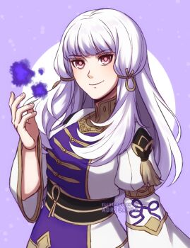1girl adricarra artist_name breasts closed_mouth commentary english_commentary fire_emblem fire_emblem:_three_houses fire_emblem_warriors:_three_hopes long_hair long_sleeves looking_at_viewer lysithea_von_ordelia magic nintendo official_alternate_costume official_alternate_hairstyle pink_eyes small_breasts smile solo white_hair wide_sleeves