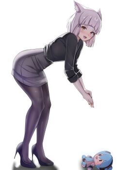 Rule 34 | alternate costume, hatsune miku, nia (xenoblade), office lady, pencil skirt, simple background, skirt, stuffed toy, succducc888, vocaloid, white background, xenoblade chronicles (series), xenoblade chronicles 2