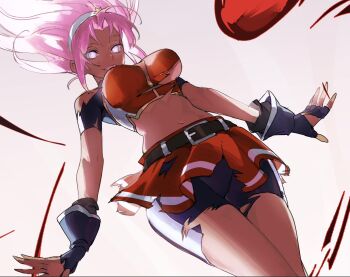 1girl asamiya_athena bike_shorts breasts chilicayenne2d fingerless_gloves gloves glowing glowing_eyes hairband huge_breasts large_breasts long_hair looking_down magical_girl purple_eyes purple_hair skirt smile star_(symbol) the_king_of_fighters the_king_of_fighters_2002 torn_clothes