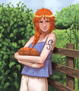 1girl alternate_costume alternate_hairstyle bare_arms bare_shoulders basket blue_camisole blue_sky blush braid brown_eyes bush camisole checkered_camisole checkered_clothes closed_mouth collarbone commentary cowboy_shot earrings english_commentary food fruit grass hair_over_shoulder highres holding holding_basket jedbanner jewelry leaf lips long_hair looking_at_viewer mandarin_orange nami_(one_piece) one_piece orange_hair outdoors pink_lips plant shoulder_tattoo signature single_braid sky solo spaghetti_strap stud_earrings tattoo tree