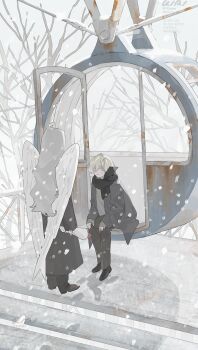 1boy 1other bare_tree black_scarf black_shoes blonde_hair bouquet brown_pants coat commentary english_commentary feathered_wings ferris_wheel flower footprints full_body grey_coat grey_hair highres holding holding_bouquet long_hair long_sleeves looking_at_another mumukyabi muted_color original outdoors pants scarf shadow shoes sitting sky sleeves_past_wrists snow tree white_sky wings