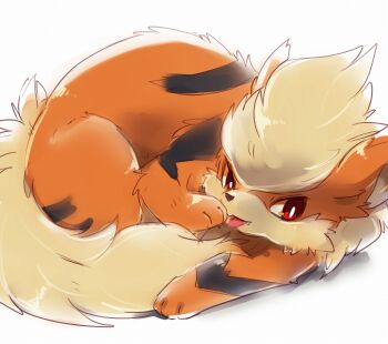 Rule 34 | animal focus, arcanine, blonde hair, choko (sweetpocket), fang, gen 1 pokemon, lying, nintendo, no humans, on side, pokemon, pokemon (creature), red eyes, simple background, smile, solo, tongue, tongue out, white background