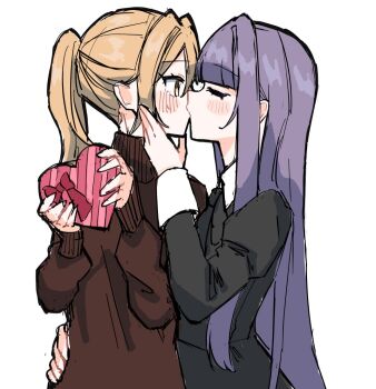 Rule 34 | 2girls, black dress, blonde hair, box, brown sweater, closed eyes, commentary, copyright request, dress, grey hair, heart-shaped box, holding, holding box, kiss, long hair, multiple girls, p b3 tkng, ponytail, sweater, turtleneck, turtleneck sweater, untranslatable commentary, very long hair, white background, yellow eyes, yuri