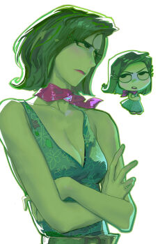 1girl absurdres bandana breasts cleavage colored_sclera colored_skin disgust_(inside_out) dress green_dress green_eyes green_hair green_sclera green_skin highres inside_out purple_bandana qianyu_rainz simple_background small_breasts white_background