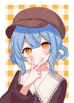 1girl absurdres blue_hair border braid braided_hair_rings brown_hat brown_shirt closed_mouth collared_shirt commentary_request hair_rings hand_up hat highres long_sleeves looking_at_viewer mahou_shoujo_no_majo_saiban official_alternate_costume shirt short_hair smile solo tachibana_sherry treasure_cafe upper_body v v_over_mouth white_border yellow_background yellow_eyes yua_666666