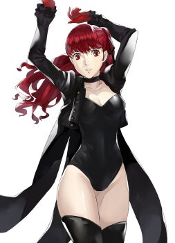 1girl arms_up atlus boots breasts choker cleavage coat female_focus frilled_sleeves frills gloves hair_ribbon highres j@ck leotard long_coat long_sleeves looking_at_viewer matching_hair/eyes medium_breasts open_clothes parted_lips persona persona_5 persona_5_the_royal ponytail red_eyes red_gloves red_hair ribbon sega simple_background smile solo standing thigh_boots thighhighs trench_coat violet_(persona_5) white_background yoshizawa_kasumi