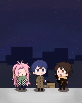 &gt;_&lt; 3boys absurdres adapted_costume alternate_eye_color animated animated_gif antenna_hair black_jacket black_pants blinking blue_eyes blue_hair blue_pants box brown_coat brown_hair cardboard_box checkered_clothes checkered_jacket checkered_shirt chibi chibi_only chinese_commentary closed_eyes closed_mouth coat commentary_request cup curtained_hair earmuffs expressionless fireworks green_scarf harada_minoru hatsutori_hajime highres holding holding_cup holding_fireworks jacket lingl0119102 long_hair long_sleeves male_focus multicolored_jacket multiple_boys night night_sky open_clothes open_jacket open_mouth outdoors pants parted_bangs pink_hair red_eyes saibou_shinkyoku scarf shirt short_hair sky smile sparkler star_(sky) two-tone_jacket two-tone_shirt utsugi_noriyuki