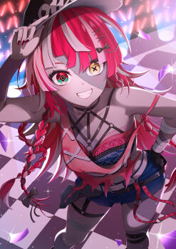 1girl absurdres adjusting_clothes adjusting_headwear bandaged_arm bandages baseball_cap belt black_gloves black_hat blue_shorts braid breasts checkered_floor colored_skin commentary_request from_above gloves glowstick grey_belt grey_skin grey_streaks grin hair_ornament hand_on_own_hip hat heterochromia highres hololive hololive_indonesia kureiji_ollie long_hair looking_at_viewer multicolored_hair nail_polish patchwork_skin red_eyes red_hair red_nails same1029 shirt short_shorts shorts single_glove small_breasts smile solo stitched_arm stitched_face stitched_leg stitched_torso stitches streaked_hair symbol-shaped_pupils torn_clothes torn_shirt virtual_youtuber x-shaped_pupils yellow_eyes zombie