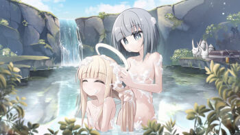 2girls arched_bangs bathing blonde_hair blunt_bangs breasts closed_eyes closed_mouth commentary_request convenient_censoring grey_eyes grey_hair highres long_hair minto_yupo mixed-sex_bathing multiple_girls navel nude original outdoors revision shared_bathing short_hair small_breasts soap_bubbles soap_censor washing_another water waterfall