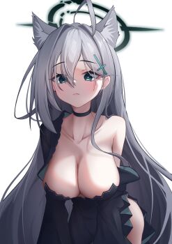 1girl absurdres ahoge animal_ears black_choker black_dress blue_archive blush breasts broken_halo choker cleavage cleavage_cutout closed_mouth clothing_cutout collarbone commentary_request cross_hair_ornament downblouse dress grey_hair hair_ornament hairpin halo highres huge_breasts huwa_hu8 leaning_forward lips long_hair looking_at_viewer pink_lips shiroko_terror_(blue_archive) very_long_hair wolf_ears