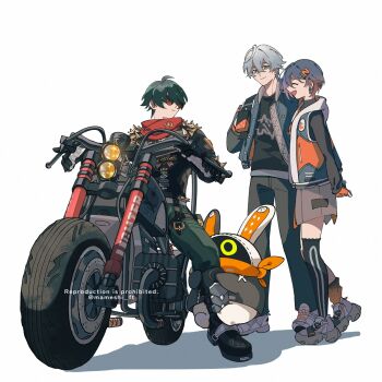 1girl 2boys arms_behind_back belle_(zenless_zone_zero) black_boots black_gloves black_pants black_skirt blue_hair blue_jacket boots closed_eyes closed_mouth commentary_request eous_(zenless_zone_zero) gloves green_eyes green_hair grey_hair hair_ornament highres hugging_another&#039;s_leg jacket knee_boots letter_hair_ornament letterman_jacket lighter_(zenless_zone_zero) macha@meshi mismatched_socks motor_vehicle motorcycle multiple_boys open_mouth orange_scarf pants red-tinted_eyewear red_scarf scarf shadow shoes simple_background skirt smile sneakers spread_legs tinted_eyewear watermark white_background white_shoes wise_(zenless_zone_zero) zenless_zone_zero