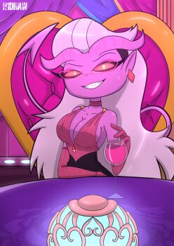 1girl absurdres alcohol breasts cleavage demon_girl drink elbow_gloves glasses gloves h1draw hellaverse helluva_boss highres horns large_breasts mayberry_(helluva_boss) tail wine