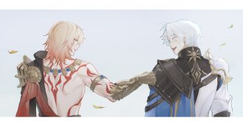 2boys antenna_hair arm_tattoo armlet armor back_tattoo baikkkun black_coat black_shirt blonde_hair blue_cape braid cape clawed_gauntlets closed_eyes coat commentary earrings facial_tattoo from_behind gold_earrings gold_necklace gradient_hair highres honkai:_star_rail honkai_(series) jewelry looking_at_another male_focus medium_hair multicolored_hair multiple_boys mydei_(honkai:_star_rail) necklace open_clothes open_coat pauldrons phainon_(honkai:_star_rail) profile red_cape red_hair red_tattoo shirt short_hair shoulder_armor side_braid side_cape single_pauldron sun_print symbol-only_commentary tattoo white_coat white_hair yellow_eyes