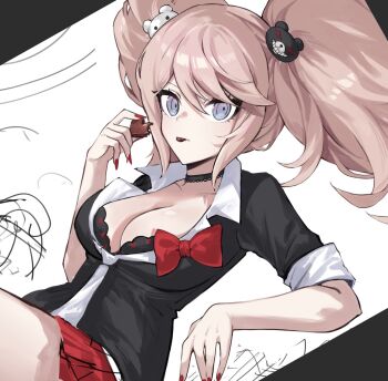 Rule 34 | 1girl, bear hair ornament, black choker, black shirt, blonde hair, bow, breasts, candy, chocolate, chocolate heart, choker, cleavage, collarbone, commentary request, danganronpa: trigger happy havoc, danganronpa (series), enoshima junko, food, grey eyes, hair ornament, heart, heart-shaped food, highres, holding, holding food, hy (fjvlg), korean commentary, large breasts, nail polish, necktie, red bow, red nails, shirt, short sleeves, solo, twintails, upper body, white background, white necktie