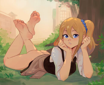 1girl ass barefoot blonde_hair blouse blue_eyes bottomless collared_shirt feet hair_between_eyes hayasaka_ai highres kaguya-sama_wa_kokurasetai_~tensai-tachi_no_renai_zunousen~ long_hair looking_at_viewer lying no_panties on_stomach parted_lips school_uniform shirt shuuchiin_academy_school_uniform side_ponytail soles solo squeezable_(squeezabledraws) the_pose toes white_shirt
