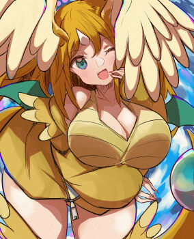 1girl ;d absurdres blue_eyes breasts cafe_berry cleavage dragon_girl dragonite gen_1_pokemon head_wings highres horns large_breasts mega_dragonite nintendo one_eye_closed open_mouth personification pokemon pokemon_(creature) single_horn smile solo tail wings zipper