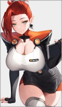 Rule 34 | 1girl, absurdres, bertha (zenless zone zero), black shrug, black skirt, breasts, cleavage, closed mouth, commentary request, cowboy shot, earrings, green eyes, highres, holding, holding tablet pc, huge breasts, jewelry, kei (soundcross), long sleeves, looking at viewer, mole, mole on breast, mole on thigh, nail polish, orange shorts, pointy ears, red hair, red nails, short hair, shorts, shrug (clothing), skindentation, skirt, smile, solo, tablet pc, thighhighs, thighs, white thighhighs, zenless zone zero