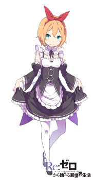 1girl absurdres apron aqua_eyes black_sleeves blush bow bow_hairband breasts child cleavage_cutout closed_mouth clothing_cutout commentary_request copyright_name curtsey detached_sleeves dress english_text frilled_apron frilled_dress frills full_body hair_between_eyes hairband highres lifting_own_clothes looking_at_viewer maid maid_apron mary_janes official_art ootsuka_shin&#039;ichirou orange_hair pantyhose petra_leyte puffy_sleeves re:zero_kara_hajimeru_isekai_seikatsu red_hairband red_ribbon ribbon roswaal_mansion_maid_uniform shoes short_hair simple_background skirt_hold sleeveless sleeveless_dress smile solo standing tachi-e title white_apron white_background white_pantyhose wide_sleeves