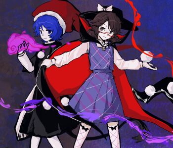 Rule 34 | 2girls, blue hair, brown hair, cape, commentary, doremy sweet, hat, hat ribbon, highres, lei niao3375, looking at viewer, multiple girls, ribbon, santa hat, semi-rimless eyewear, symbol-only commentary, touhou, two-sided cape, two-sided fabric, under-rim eyewear, usami sumireko, white ribbon, wide brim