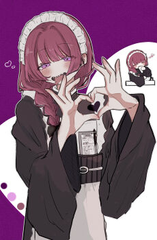 1girl 773owo apron black_kimono black_sash blunt_bangs blunt_sidelocks blush bocchi_the_rock! braid buckle chibi chibi_inset clipboard color_guide commentary_request drinking drunk four-finger_heart_hands hair_over_shoulder hands_up head_tilt heart heart_hands heart_in_heart_hands highres hiroi_kikuri japanese_clothes kimono long_hair long_sleeves looking_at_viewer maid maid_apron maid_headdress menu obi obijime open_mouth pen purple_background purple_eyes red_hair ringed_eyes sash sharp_teeth sidelocks simple_background single_braid solo squeans teeth tongue tongue_out two-tone_background upper_body upper_teeth_only wa_maid white_apron wide_sleeves