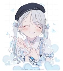 Rule 34 | 1girl, :d, absurdres, beret, black beret, blue bow, blue hair, blue heart, blush, bow, choker, closed eyes, commentary, frilled choker, frilled wrist cuffs, frills, grey hair, hair bow, haru on, hat, heart, heart-shaped gem, highres, jewelry, kaga sumire, multicolored hair, nail polish, open mouth, pink nails, puffy short sleeves, puffy sleeves, ring, short sleeves, smile, solo, sparkle, translated, twintails, two-tone hair, virtual youtuber, vspo!, white background, wrist bow, wrist cuffs