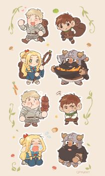 1girl 3boys :p absurdres anger_vein armor beard blush chibi chilchuck_tims collage cooking crying drooling dungeon_meshi dwarf elf facial_hair fake_horns food frown happy helmet highres holding holding_skewer horned_helmet horns laios_touden long_beard marcille_donato meat mouth_drool multiple_boys mustache pointy_ears ptgeist running senshi_(dungeon_meshi) skewer sparkle sparkling_aura squiggle staff thick_mustache tongue tongue_out very_long_beard wok