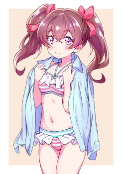 1girl bikini blush bow brown_hair closed_mouth collarbone delicious_party_precure hair_bow halterneck highres kyoutsuugengo looking_at_viewer nagomi_yui navel precure purple_eyes striped_bikini striped_clothes swimsuit twintails