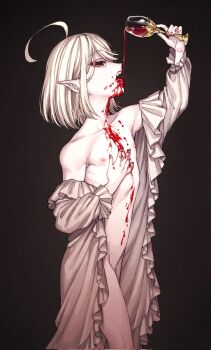1boy ahoge androgynous black_background black_eyes blood blood_on_body blood_on_face bob_cut bottomless cropped_legs cup double-parted_bangs drinking_blood drinking_glass eyeliner fangs hair_between_eyes highres makeup medium_hair nightgown nipples ohayousan_084 open_clothes original pale_skin pink_eyeliner pointy_ears rose_(ohayousan_084) topless_female topless_male trap vampire white_hair white_nightgown wine_glass