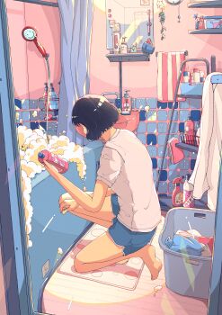 1girl absurdly_detailed_composition absurdres barefoot bathroom bathtub black_hair blue_shorts bob_cut bottle commentary_request cup curtains film_grain from_side full_body grey_shirt hand_up highres holding holding_bottle indoors laundry laundry_basket loaded_interior mat mirror mug on_one_knee original rubber_duck shelf shirt short_hair short_shorts short_sleeves shorts shower_head sink soap_bottle soap_bubbles solo spray_bottle t-shirt tile_wall tiles toothbrush towel yasi_irasuto