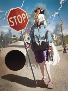 1girl absurdres baggy_clothes brown_eyes crocs electricity fangs fire glasses grass hat highres holding holding_sign long_hair long_sleeves ofuda original outdoors power_lines road_sign scp-280-jp scp_foundation shorts sign solo stop_sign tongue tongue_out ushiwaka very_long_hair white_hair