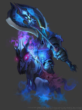 armor artist_name axe barding battle_axe black_fur blue_eyes breastplate caesty clenched_hand commentary_request company_name copyright_notice cuirass dated_commentary english_text extra_eyes faulds fire full_armor gauntlets glowing glowing_eyes gothic_plate_armor grey_background helmet horse horseback_riding korean_commentary left-handed living_armor nexon odin_(tales_weaver) official_art pauldrons plate_armor poleyn production_art purple_fire purple_tail rerebrace riding shoulder_armor simple_background sitting smoke tales_weaver watermark weapon web_address