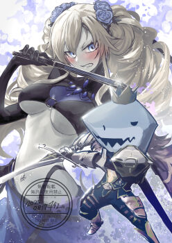 152_in_can 1boy 1girl balmung_(fate) black_shrug blush breasts clenched_teeth fate/grand_order fate_(series) folding_fan grey_eyes grey_hair hand_fan highres kriemhild_(fate) kriemhild_(swimsuit_rider)_(fate) kriemhild_(swimsuit_rider)_(first_ascension)_(fate) large_breasts long_hair long_sleeves looking_at_viewer navel_piercing piercing shark_mask shrug_(clothing) siegfried_(fate) sword teeth underboob weapon