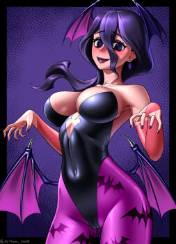 1girl absurdres animal_print bat_print bat_wings black_hair black_leotard black_lips bridal_gauntlets cameltoe clothing_cutout commentary_request cosplay cowboy_shot curled_fingers cutout_above_navel darkstalkers earrings english_text gluteal_fold head_wings hex_maniac_(pokemon) hex_maniac_(pokemon_legends:_z-a) highleg highleg_leotard highres jewelry leotard long_hair low_wings morrigan_aensland morrigan_aensland_(cosplay) nail_polish nintendo off-shoulder_leotard pantyhose pokemon pokemon_legends:_z-a print_pantyhose purple_eyes purple_nails purple_pantyhose purple_wings solo wings yossan_illust