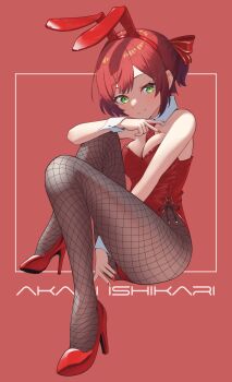 1girl animal_ear_hairband animal_ears aogiri_koukou black_pantyhose breasts commentary_request detached_collar fake_animal_ears fishnet_pantyhose fishnets full_body green_eyes hairband high_heels highres invisible_chair ishikari_akari leotard looking_at_viewer medium_breasts necktie pantyhose playboy_bunny ponytail rabbit_ears red_hair red_leotard red_necktie red_shoes shoes short_hair side-tie_leotard sitting solo strapless strapless_leotard taachika virtual_youtuber wrist_cuffs